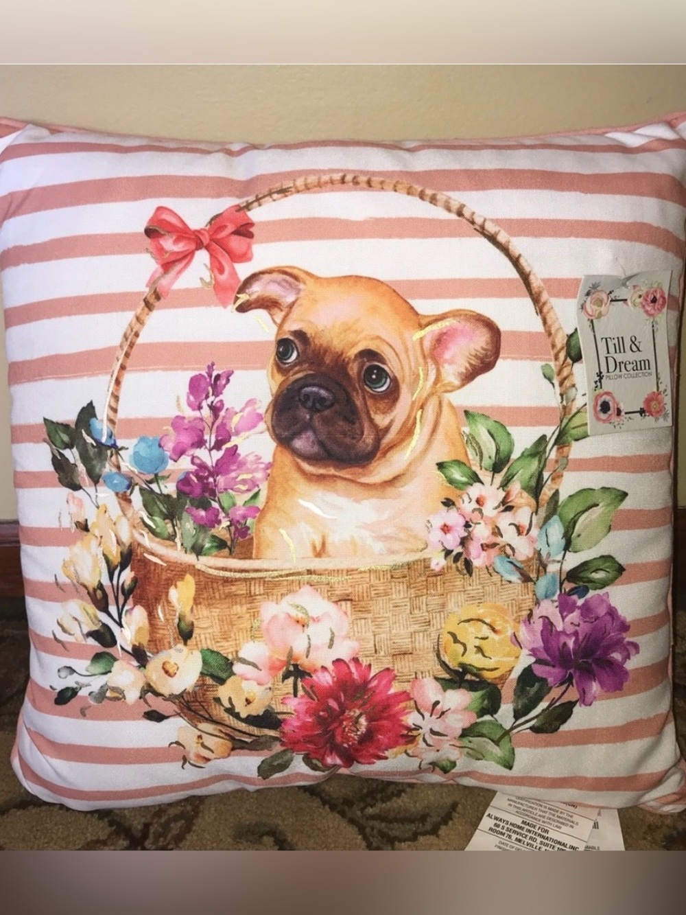 French Bulldog Floral Basket Vintage Puppy Dog Accent Throw Pillow NEW NWT